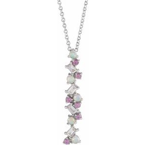 Sterling Silver Natural Ethiopian Opals, Natural Pink Sapphires & 1/8 CTW Natural Diamond Scattered Bar 16-18" Necklace