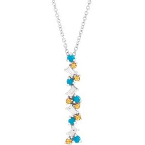 Sterling Silver Natural Honey Passion Topaz, Natural Turquoise & 1/8 CTW Natural Diamond Scattered Bar 16-18" Necklace