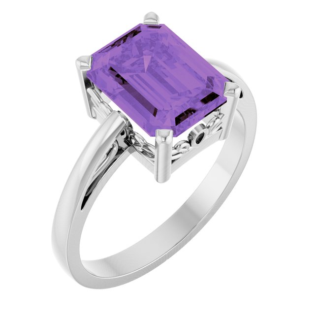 Emerald-Cut Amethyst Scroll Solitaire Ring