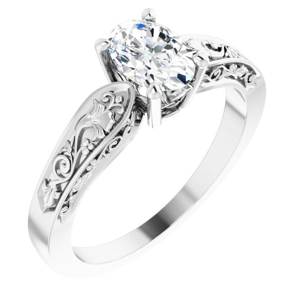 14K White 7x5mm Oval Floral-Inspired Solitaire Engagement Ring Mounting - Moijey Fine Jewelry and Diamonds