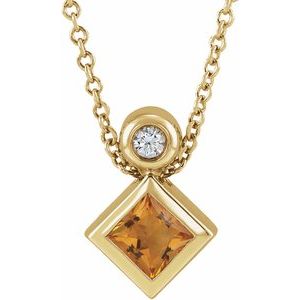 Square Natural Citrine & .03 CT Natural Diamond 16-18" Necklace