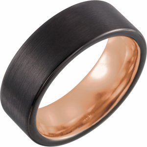 18K Rose Gold PVD & Black PVD Tungsten 8 mm Flat Band with Satin Finish Size 10