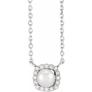 Sterling Silver Cultured White Akoya Pearl .06 CTW Natural Diamond Halo-Style 16" Necklace