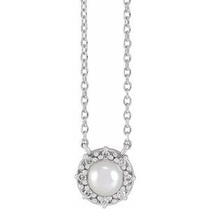 Sterling Silver Cultured Akoya Pearl & .03 CTW Natural Diamond Halo-Style 18" Necklace