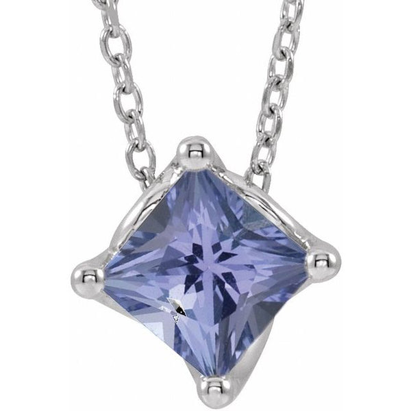 Sterling Silver 5x5 mm Square Natural Tanzanite Solitaire 16-18" Necklace