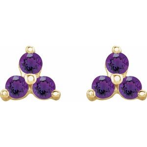 14K Yellow Natural Amethyst Three Stone Earrings