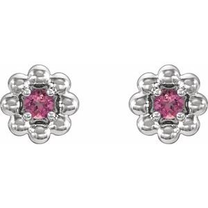 Sterling Silver Natural Pink Tourmaline Petite Flower Beaded Earrings