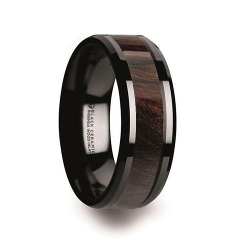 MOIJEY_BENNY Black Ceramic Polished Beveled Edges Men’s Wedding Band with Bubinga Wood Inlay - 8mm