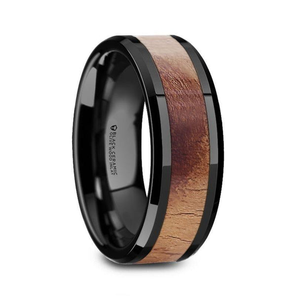 MOIJEY_MARCUS Olive Wood Inlaid Black Ceramic Ring with Bevels - 6mm