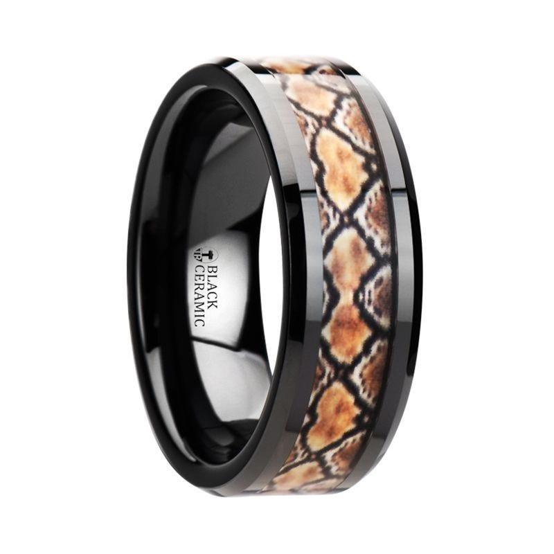 BASILISK Black Ceramic Wedding Ring with Boa Snake Skin Design Inlay - 8mm