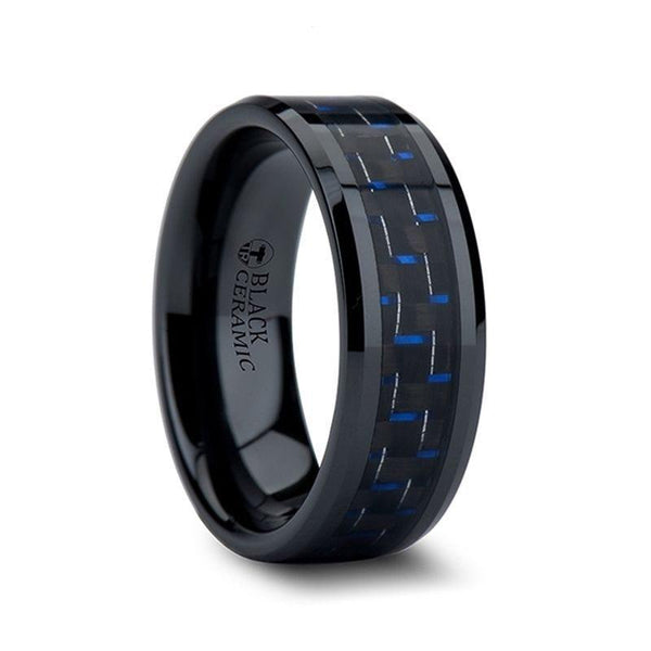 AVITUS Black Beveled Ceramic Ring with Blue & Black Carbon Fiber Inlay - 4mm