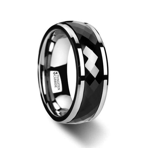Polished Diamond Faceted Black Ceramic Spinner Ring with Beveled Edges - Moijey Fine Jewelry and Diamonds