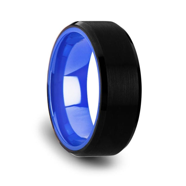 Black Tungsten Comfort Fit Wedding Band with Brush Center and Deep Blue inside - Moijey Fine Jewelry and Diamonds