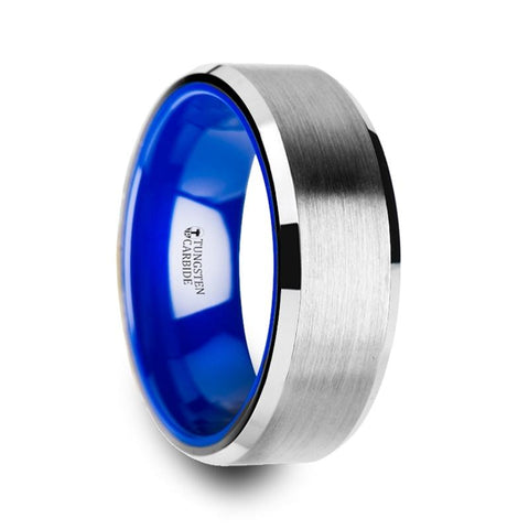 Tungsten Comfort Fit Wedding Band with Brush Center Bright Bevels and Deep Blue inside - Moijey Fine Jewelry and Diamonds