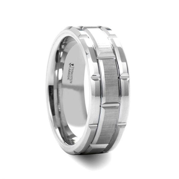 Beveled Tungsten Carbide Wedding Band with Brush Finished Center and Alternating Grooves