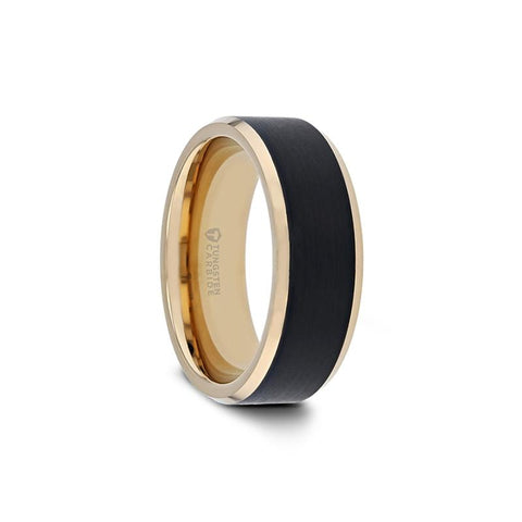 Polished Tungsten Carbide Beveled Ring with Brushed Black Center and Gold Plating - Moijey Fine Jewelry and Diamonds