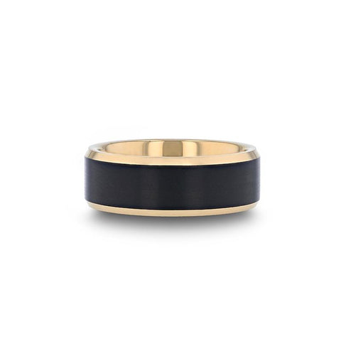 Polished Tungsten Carbide Beveled Ring with Brushed Black Center and Gold Plating - Moijey Fine Jewelry and Diamonds