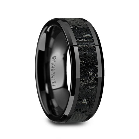 Polished Black Ceramic Wedding Band with Lava Rock Stone Inlay - Moijey Fine Jewelry and Diamonds