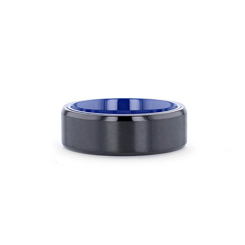 Black Titanium Ring with Brushed Center and Vibrant Blue Inside