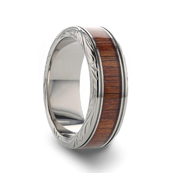 Koa Wood Inlaid Titanium Men’s Wedding Ring with Intricate Edges