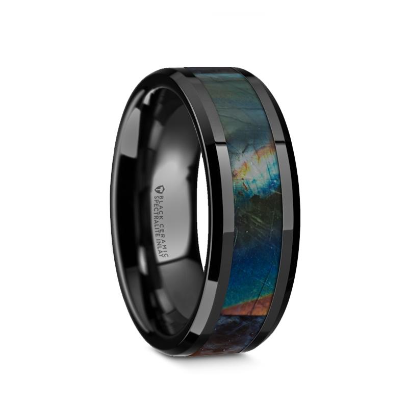 Black Ceramic and Labrodorite Inlay Wedding Band with Beveled Edges