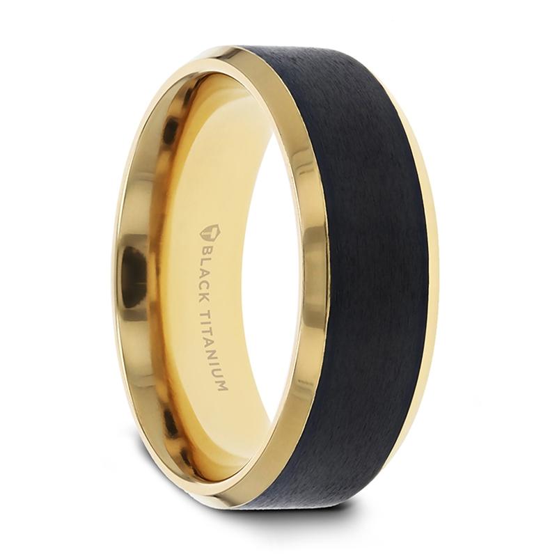 Gold Plated Black Titanium Polished Beveled Ring with Brushed Center