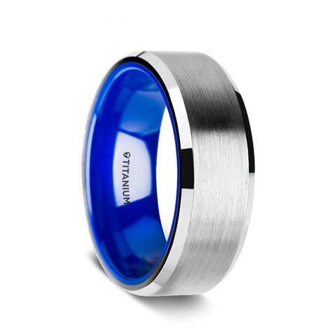 Flat Beveled Edged Titanium Ring with Brushed Center and Vibrant Blue Inside - Moijey Fine Jewelry and Diamonds