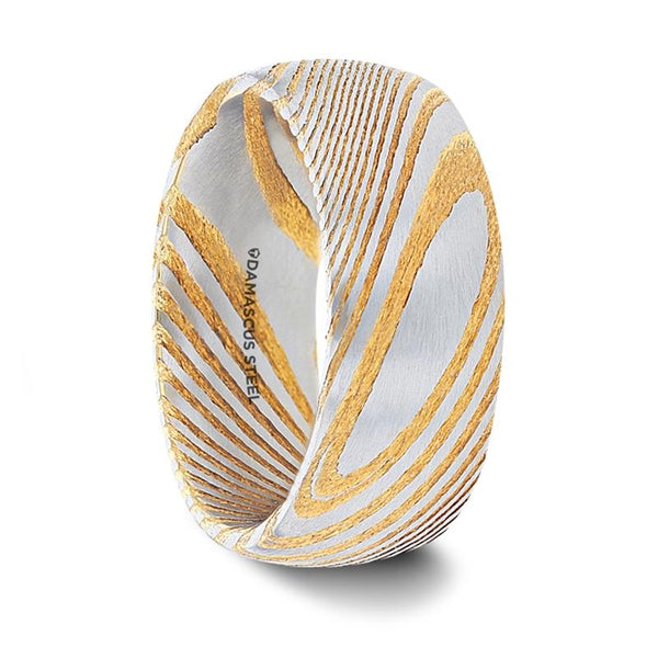 Gold Color and Steel Men’s Wedding Band with Brushed Damascus