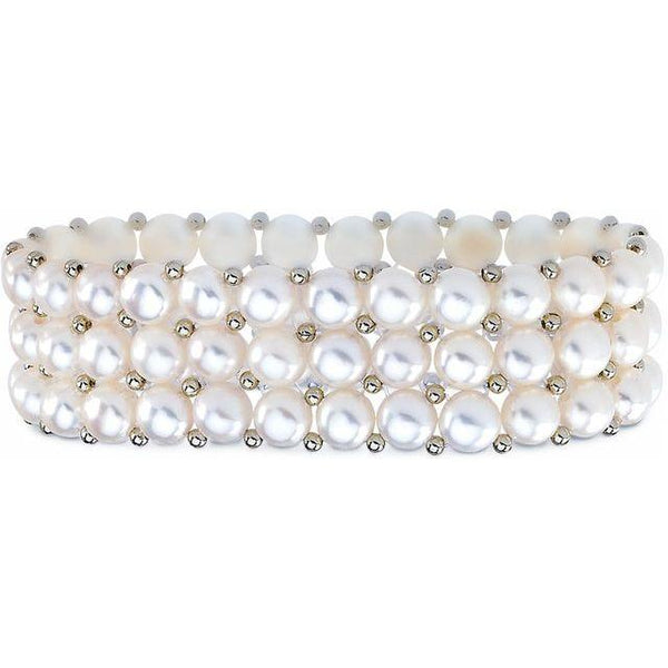Sterling Silver 3 Row Freshwater Cultured White Pearl Stretch Bracelet