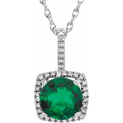 Sterling Silver 7 mm Lab-Grown Emerald & .015 CTW Diamond 18" Necklace