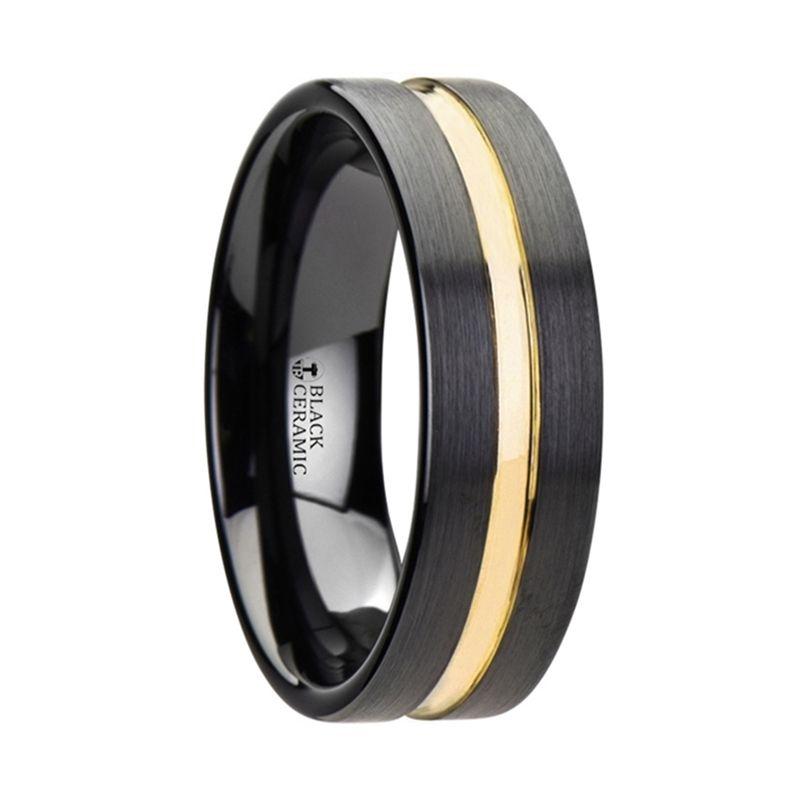 Black Ceramic Wedding Band With Yellow Gold Groove