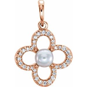 14K Rose Cultured White Freshwater Pearl & 1/6 CTW Natural Diamond Pendant