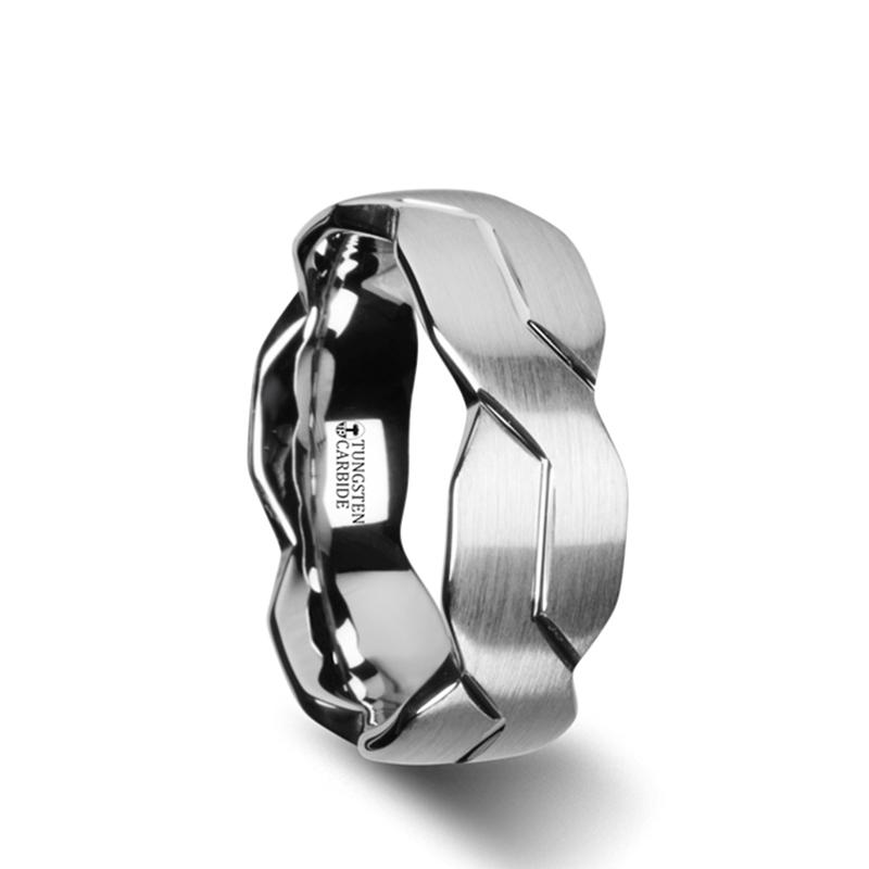 White Tungsten Ring with Brushed Carved Infinity Symbol Design