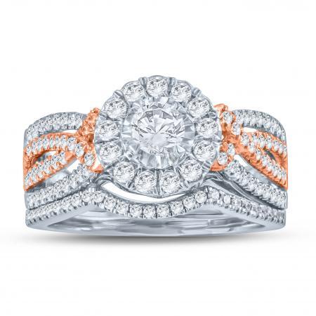 Rose Gold and White Gold Diamond Halo Engagement Set - Moijey Fine Jewelry and Diamonds
