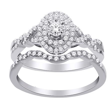 14K White Gold Shimmering Diamond Oval Halo Engagement Set