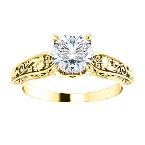 14K Yellow 6.5mm Round Floral-Inspired Solitaire Engagement Ring Mounting - Moijey Fine Jewelry and Diamonds