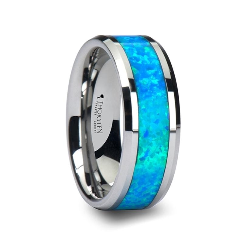 Bleu Vert Opale Tungsten Wedding Band with Blue Green Opal Inlay