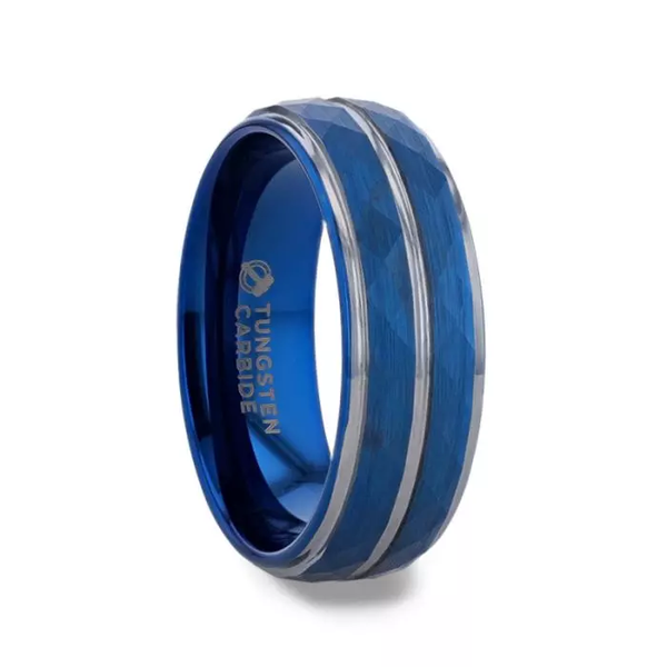 Blue Ion-Plated Tungsten Carbide Ring With Faceted Center And Stepped Edges