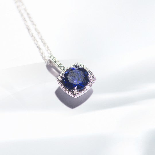 14k White Gold Diamond and Sapphire Pendant With Chain